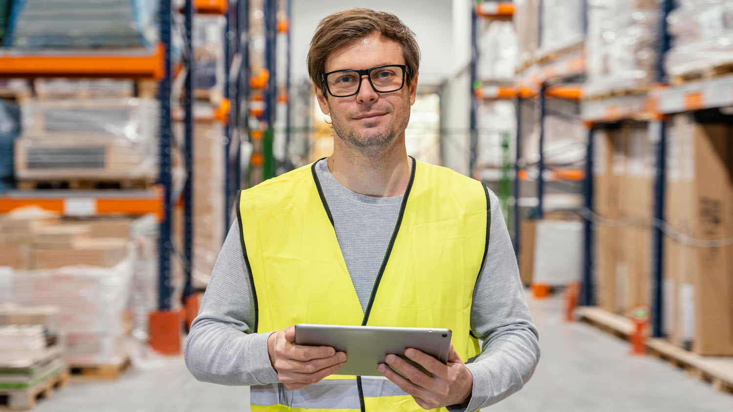 Mitarbeiter verwaltet das Lager eines mittelständischen Unternehmens mit einem Tablet