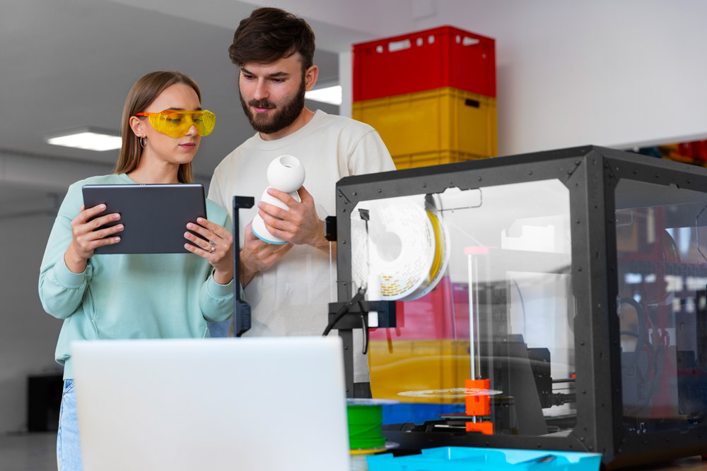 Zwei junge Mitarbeitende stehen in einem Startup Unternehmen und arbeiten am Tablet