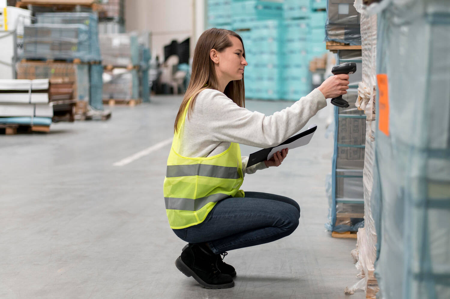 Junge Frau scannt Pakete mit einem Barcode Scanner in einem Lager