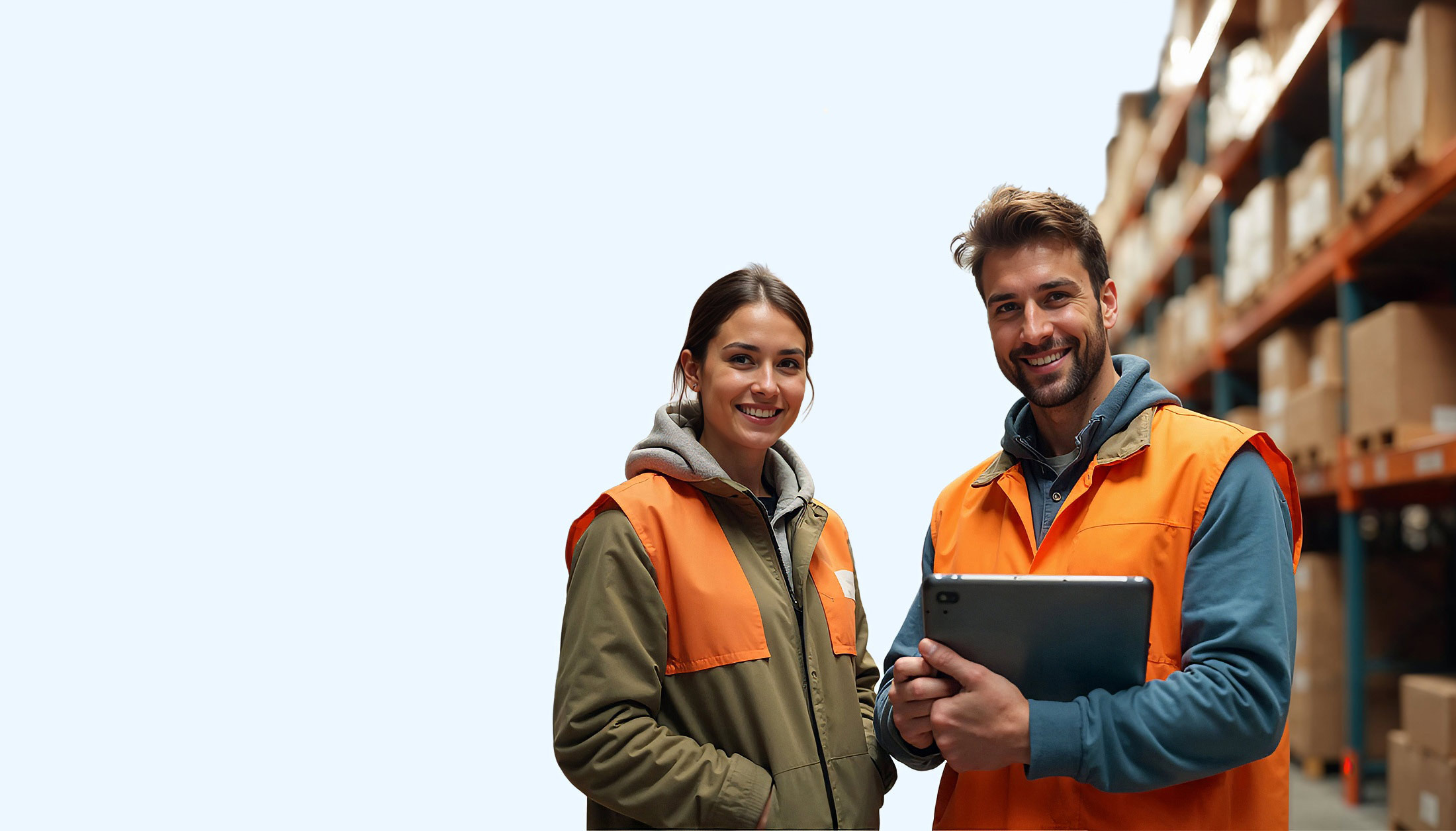 A woman and a man are standing in a warehouse with SAP Business One and are working with a tablet.