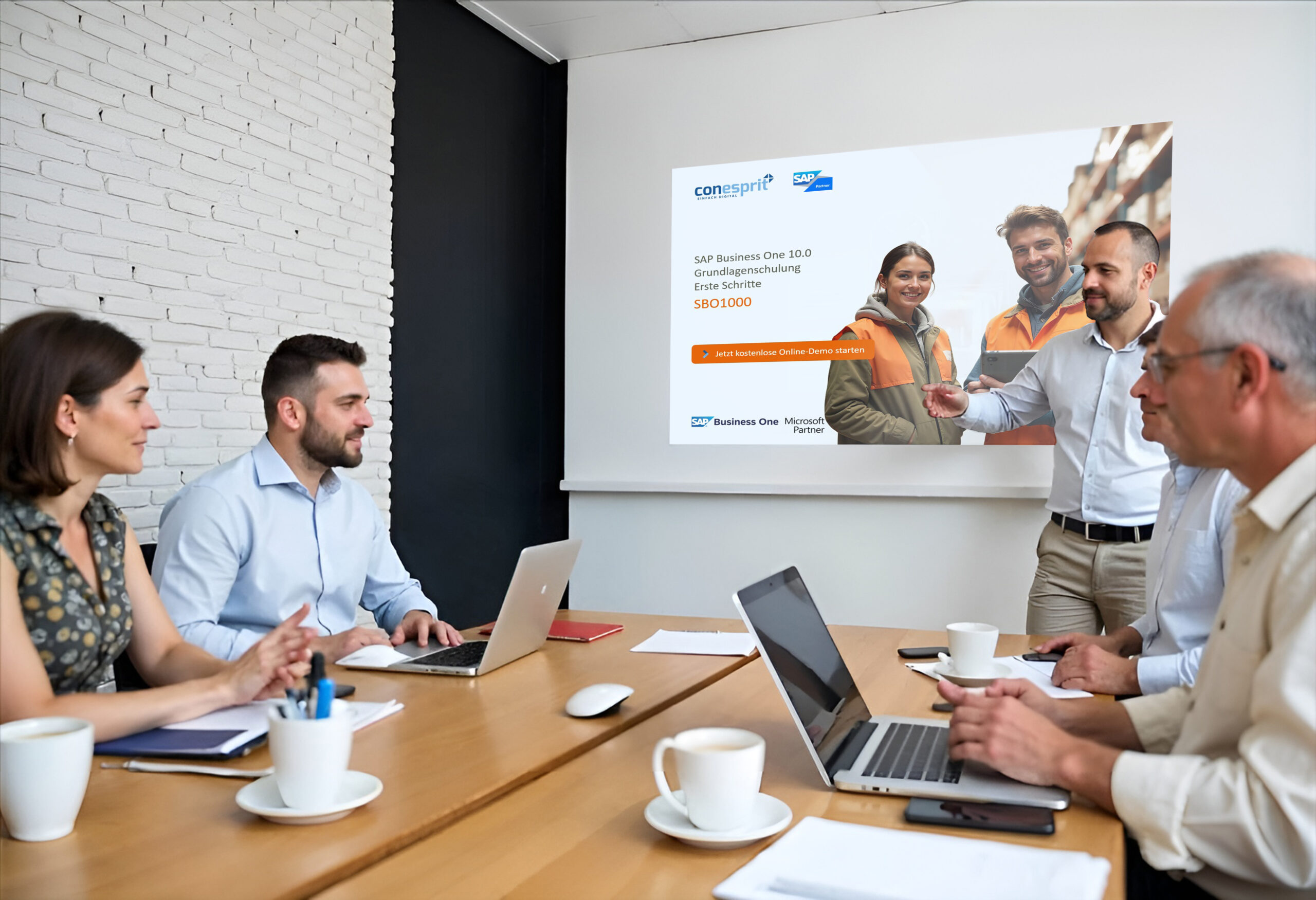 Mann gibt in Konferenzraum einem Unternehmen eine Schulung in der Buchhaltung mit SAP Business One