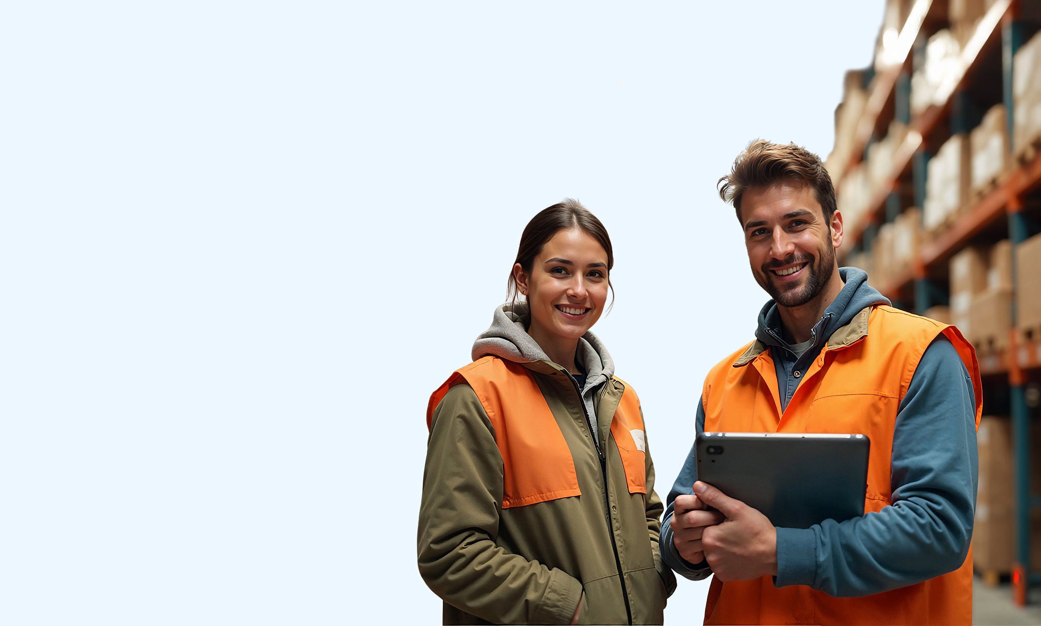Eine Frau und ein Mann stehen mit SAP Business One in einem Lager und arbeiten mit einem Tablet.