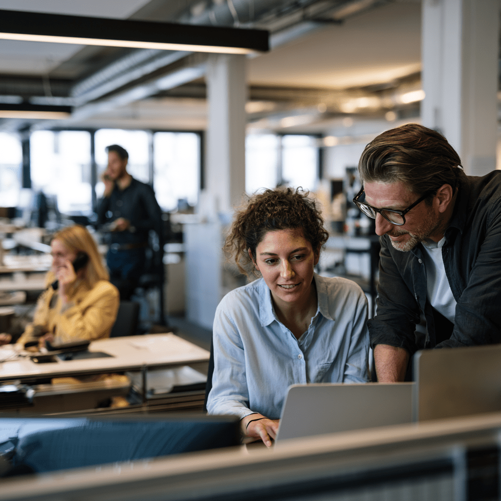 Mitarbeiter eines Dienstleistungsunternehmens arbeiten gemeinsam an digitalen Geschäftsprozessen und SAP Business One im Büro.