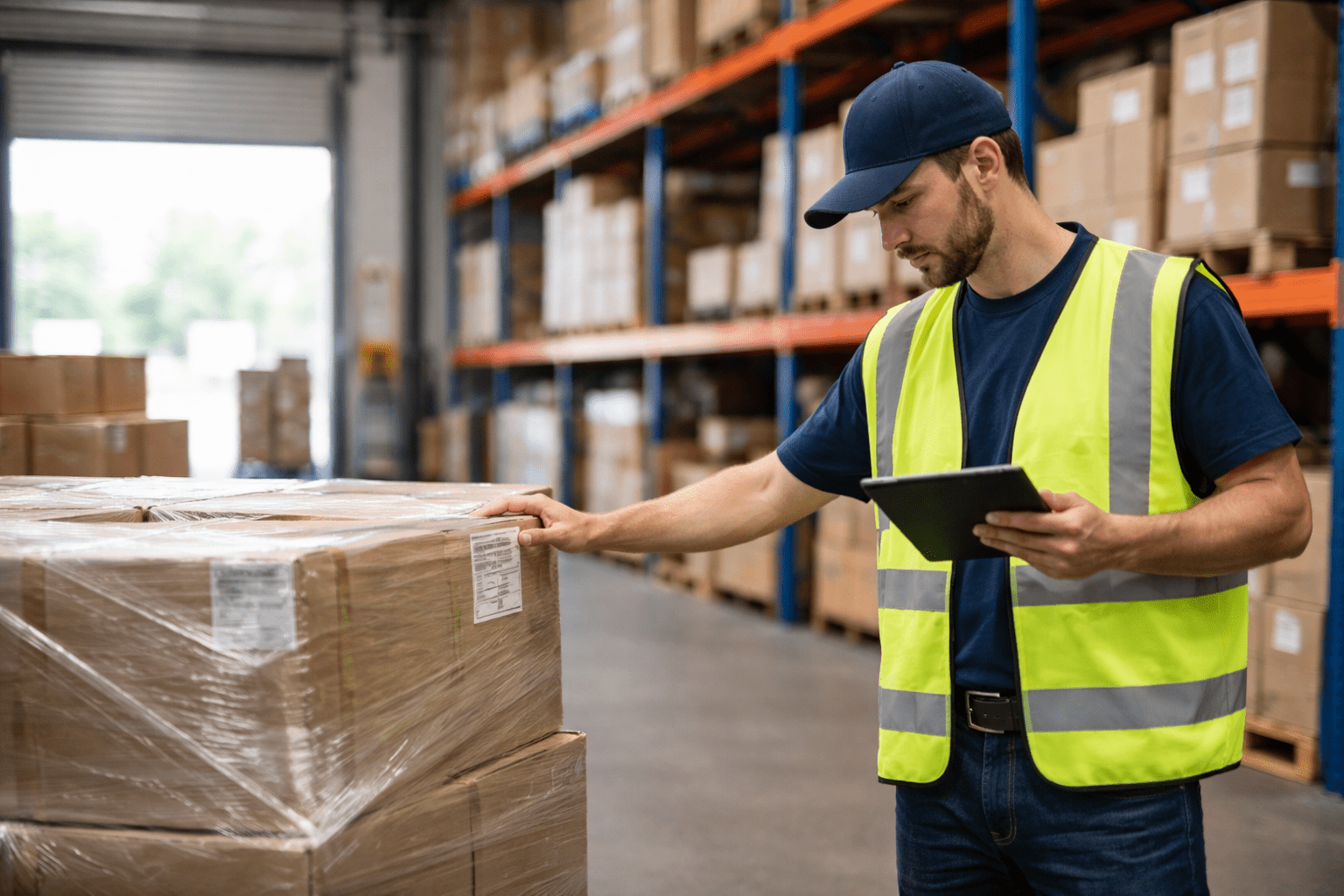 Lagermitarbeiter im Großhandel prüft Warenbestände und Logistikprozesse mit einem Tablet im Lager und nutzt SAP Business One.
